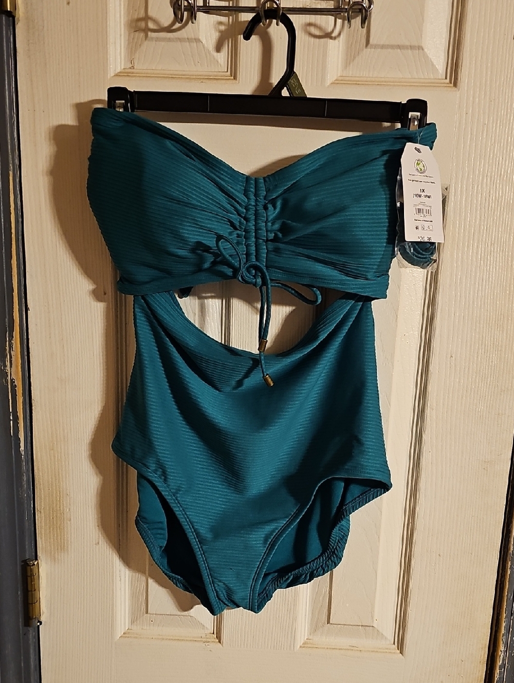 George Teal Ribbed One-Piece Swimsuit with Front Tie